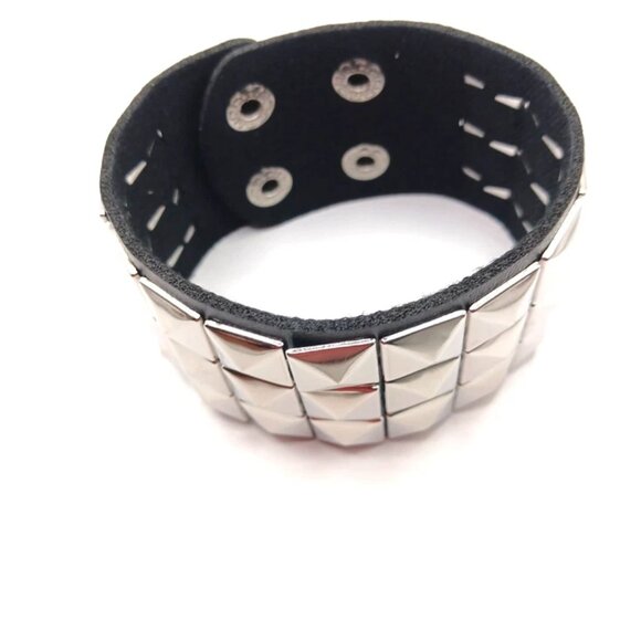 Goth Triple Row Square Studded Vegan Leather Bracelet - Picture 2 of 9